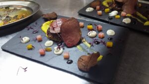A Chef On Tour - Pigeon Breast with Beetroot - puree, crisp, rosti and roasted - and balsamic syrup
