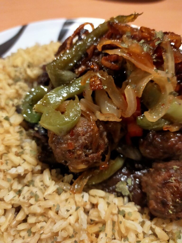 lockdown cooking - Seekh kebab meatballs with brown rice.